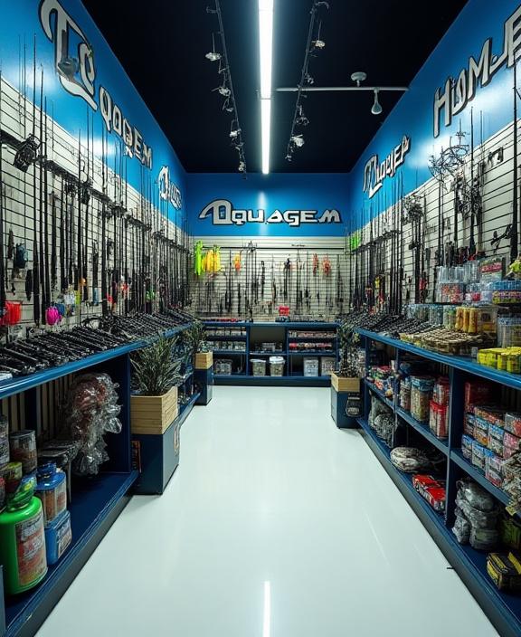 Interno del negozio Aquagem Fishing con attrezzatura esposta e ben organizzata